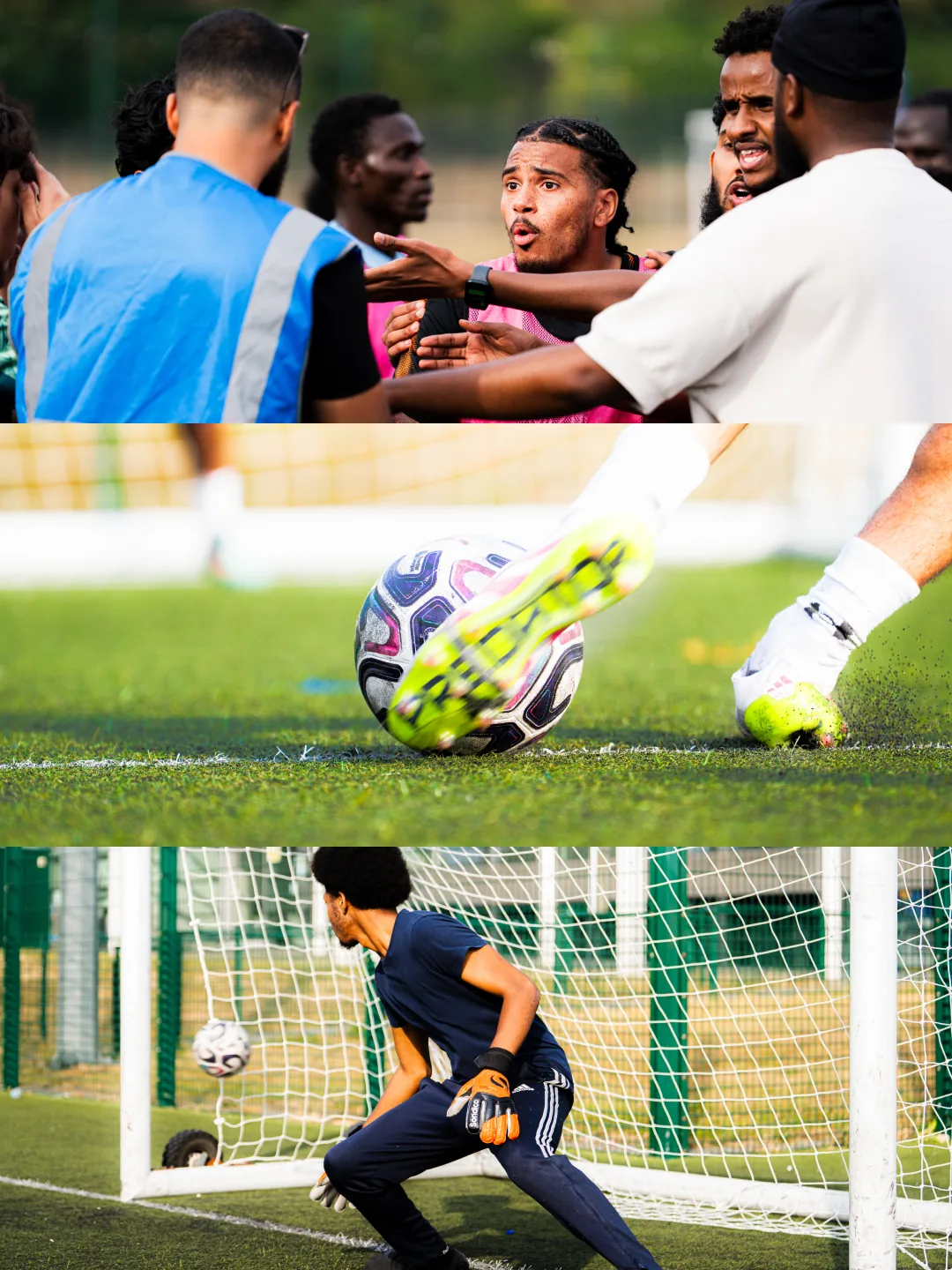 Three moments from the day: players greeting, a ball at a player's feet, and a goalkeeper diving across goal