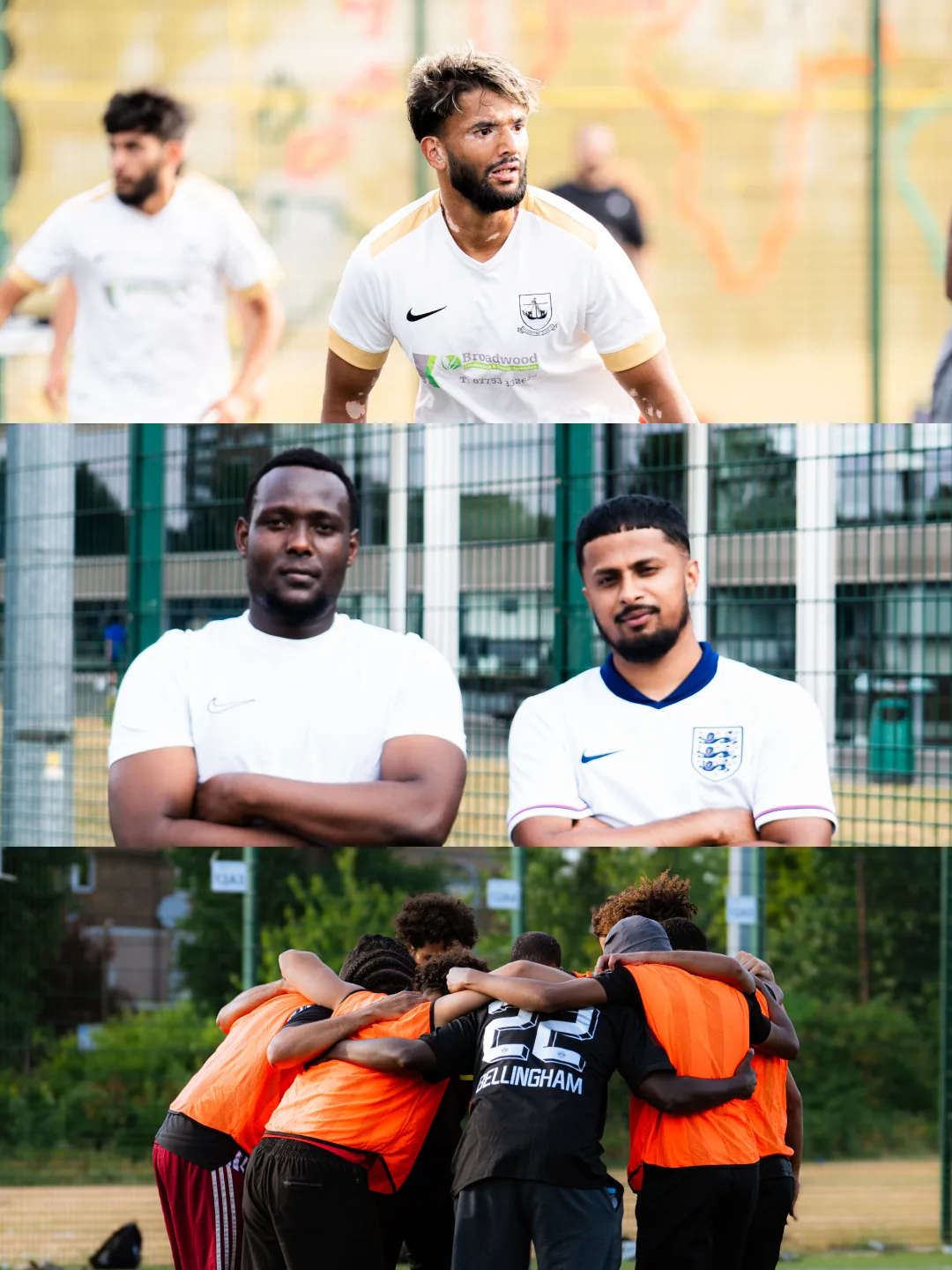 Three moments: players in white kits, two players before kick off, and a team huddle